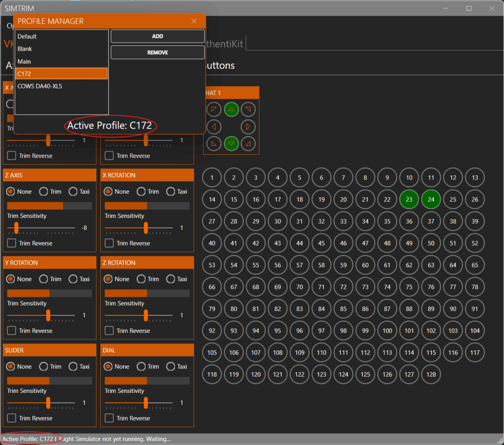 Screenshot showing activating a profile in SimTrim