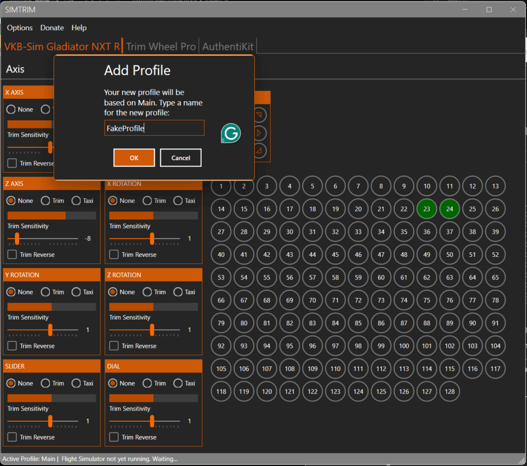 Screenshot showing adding a profile in SimTrim